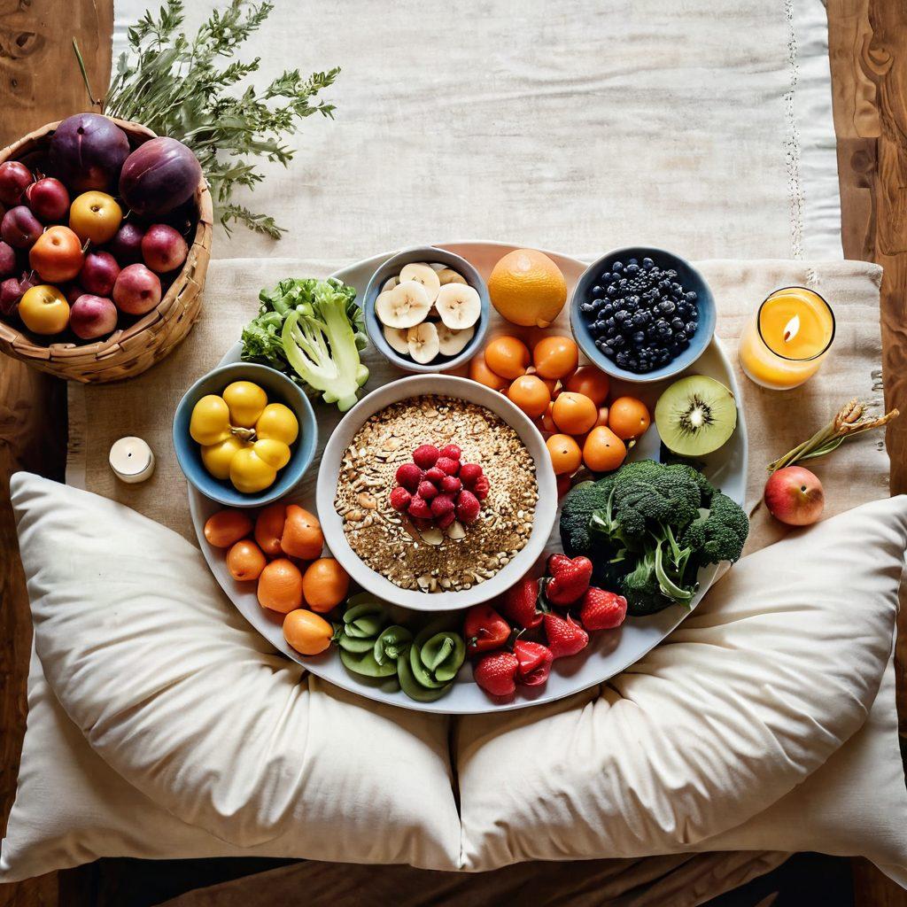A serene, balanced table setting featuring colorful, nutritious foods like fruits, vegetables, and whole grains, surrounded by soft meditation cushions and candles, symbolizing mindfulness. Include gentle lighting to create a calming atmosphere, with a cancer ribbon subtly incorporated into the design. watercolor painting style. warm hues. soft focus.