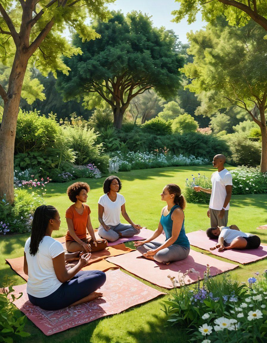A serene landscape depicting a diverse group of people sharing a supportive moment in a sunlit park, surrounded by lush greenery and blooming flowers. The scene includes symbols of holistic health, like herbal remedies and yoga mats, inviting a sense of empowerment and community. Incorporate warm, inviting colors to evoke positivity and hope. super-realistic. vibrant colors. natural setting.
